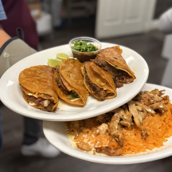 Two plates of Mexican food, with tacos, limes, and salsa on the top plate.